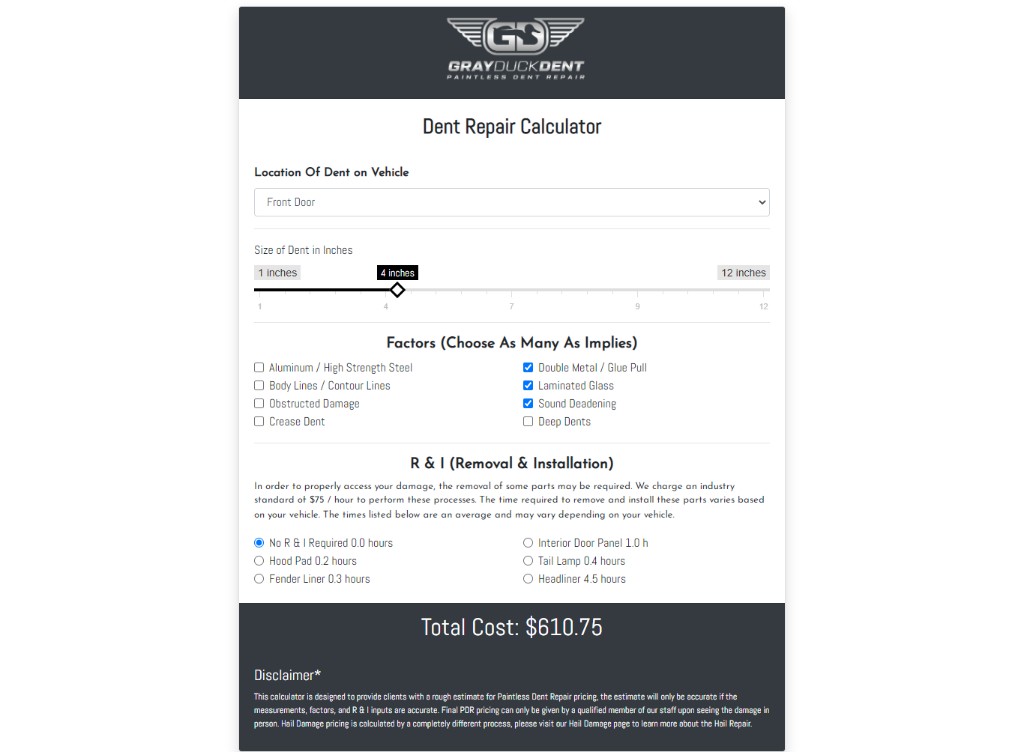 Gray Duck Dent Calculator project mockup